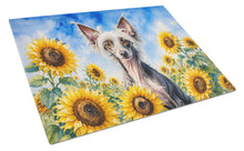 Load image into Gallery viewer, Chinese Crested in Sunflowers Cutting Board Tempered Glass Kitchen Cutting Surface, Heat Resistant Chopping Board with Non-Slip Feet, Decorative Food Prep &amp; Serving