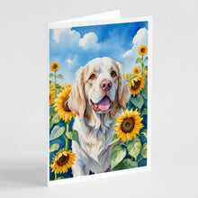 Load image into Gallery viewer, Clumber Spaniel in Sunflowers Greeting Cards - Blank Note Cards – 8-Pack of Artist-Designed Cards with Envelopes