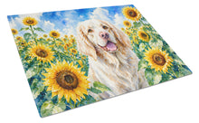 Load image into Gallery viewer, Clumber Spaniel in Sunflowers Cutting Board Tempered Glass Kitchen Cutting Surface, Heat Resistant Chopping Board with Non-Slip Feet, Decorative Food Prep &amp; Serving