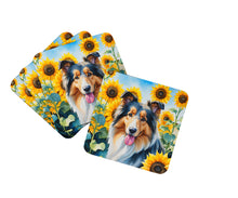 Load image into Gallery viewer, Collie in Sunflowers Coasters - Set of 4 Lightweight Foam, Absorbent Drink Coasters