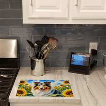 Load image into Gallery viewer, Collie in Sunflowers Cutting Board Tempered Glass Kitchen Cutting Surface, Heat Resistant Chopping Board with Non-Slip Feet, Decorative Food Prep &amp; Serving