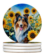 Load image into Gallery viewer, Collie in Sunflowers Large Sandstone Coasters Pack of 4