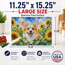 Load image into Gallery viewer, Corgi in Sunflowers Cutting Board Tempered Glass Kitchen Cutting Surface, Heat Resistant Chopping Board with Non-Slip Feet, Decorative Food Prep &amp; Serving