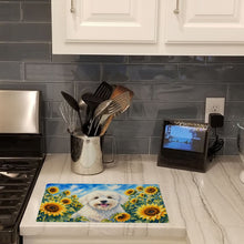 Load image into Gallery viewer, Coton de Tulear in Sunflowers Cutting Board Tempered Glass Kitchen Cutting Surface, Heat Resistant Chopping Board with Non-Slip Feet, Decorative Food Prep &amp; Serving
