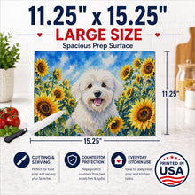 Load image into Gallery viewer, Coton de Tulear in Sunflowers Cutting Board Tempered Glass Kitchen Cutting Surface, Heat Resistant Chopping Board with Non-Slip Feet, Decorative Food Prep &amp; Serving