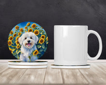 Load image into Gallery viewer, Coton de Tulear in Sunflowers Large Sandstone Coasters Pack of 4