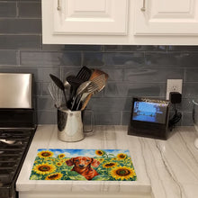Load image into Gallery viewer, Dachshund in Sunflowers Cutting Board Tempered Glass Kitchen Cutting Surface, Heat Resistant Chopping Board with Non-Slip Feet, Decorative Food Prep &amp; Serving