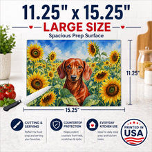 Load image into Gallery viewer, Dachshund in Sunflowers Cutting Board Tempered Glass Kitchen Cutting Surface, Heat Resistant Chopping Board with Non-Slip Feet, Decorative Food Prep &amp; Serving