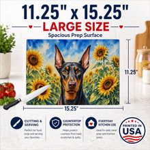 Load image into Gallery viewer, Doberman Pinscher in Sunflowers Cutting Board Tempered Glass Kitchen Cutting Surface, Heat Resistant Chopping Board with Non-Slip Feet, Decorative Food Prep &amp; Serving