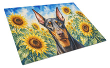 Load image into Gallery viewer, Doberman Pinscher in Sunflowers Cutting Board Tempered Glass Kitchen Cutting Surface, Heat Resistant Chopping Board with Non-Slip Feet, Decorative Food Prep &amp; Serving