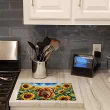 Load image into Gallery viewer, Dogue de Bordeaux in Sunflowers Cutting Board Tempered Glass Kitchen Cutting Surface, Heat Resistant Chopping Board with Non-Slip Feet, Decorative Food Prep &amp; Serving