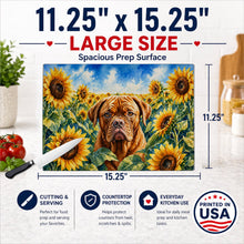Load image into Gallery viewer, Dogue de Bordeaux in Sunflowers Cutting Board Tempered Glass Kitchen Cutting Surface, Heat Resistant Chopping Board with Non-Slip Feet, Decorative Food Prep &amp; Serving