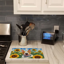 Load image into Gallery viewer, English Bull Terrier in Sunflowers Cutting Board Tempered Glass Kitchen Cutting Surface, Heat Resistant Chopping Board with Non-Slip Feet, Decorative Food Prep &amp; Serving