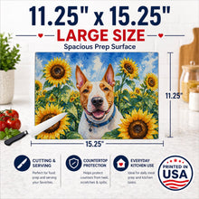 Load image into Gallery viewer, English Bull Terrier in Sunflowers Cutting Board Tempered Glass Kitchen Cutting Surface, Heat Resistant Chopping Board with Non-Slip Feet, Decorative Food Prep &amp; Serving