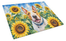 Load image into Gallery viewer, English Bull Terrier in Sunflowers Cutting Board Tempered Glass Kitchen Cutting Surface, Heat Resistant Chopping Board with Non-Slip Feet, Decorative Food Prep &amp; Serving