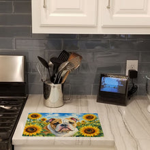 Load image into Gallery viewer, English Bulldog in Sunflowers Cutting Board Tempered Glass Kitchen Cutting Surface, Heat Resistant Chopping Board with Non-Slip Feet, Decorative Food Prep &amp; Serving