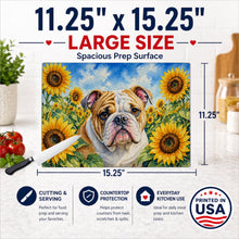Load image into Gallery viewer, English Bulldog in Sunflowers Cutting Board Tempered Glass Kitchen Cutting Surface, Heat Resistant Chopping Board with Non-Slip Feet, Decorative Food Prep &amp; Serving