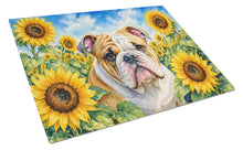 Load image into Gallery viewer, English Bulldog in Sunflowers Cutting Board Tempered Glass Kitchen Cutting Surface, Heat Resistant Chopping Board with Non-Slip Feet, Decorative Food Prep &amp; Serving