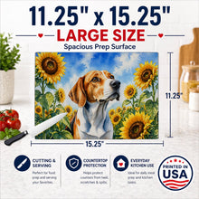 Load image into Gallery viewer, English Foxhound in Sunflowers Cutting Board Tempered Glass Kitchen Cutting Surface, Heat Resistant Chopping Board with Non-Slip Feet, Decorative Food Prep &amp; Serving