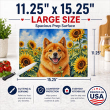 Load image into Gallery viewer, Finnish Spitz in Sunflowers Cutting Board Tempered Glass Kitchen Cutting Surface, Heat Resistant Chopping Board with Non-Slip Feet, Decorative Food Prep &amp; Serving
