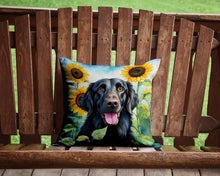 Load image into Gallery viewer, Flat-Coated Retriever in Sunflowers Throw Pillow - 14x14 Decorative Pillow – Art for Your Home &amp; Patio
