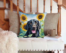 Load image into Gallery viewer, Flat-Coated Retriever in Sunflowers Throw Pillow - 14x14 Decorative Pillow – Art for Your Home &amp; Patio