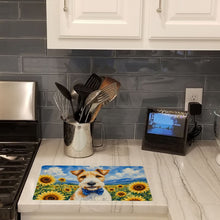 Load image into Gallery viewer, Fox Terrier in Sunflowers Cutting Board Tempered Glass Kitchen Cutting Surface, Heat Resistant Chopping Board with Non-Slip Feet, Decorative Food Prep &amp; Serving