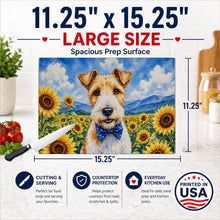 Load image into Gallery viewer, Fox Terrier in Sunflowers Cutting Board Tempered Glass Kitchen Cutting Surface, Heat Resistant Chopping Board with Non-Slip Feet, Decorative Food Prep &amp; Serving