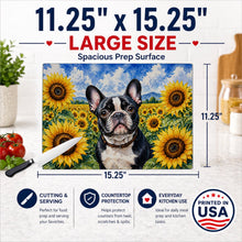 Load image into Gallery viewer, French Bulldog in Sunflowers Cutting Board Tempered Glass Kitchen Cutting Surface, Heat Resistant Chopping Board with Non-Slip Feet, Decorative Food Prep &amp; Serving