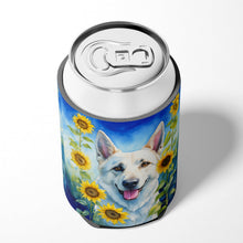 Load image into Gallery viewer, White German Shepherd in Sunflowers Can or Bottle Hugger