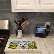 Load image into Gallery viewer, White German Shepherd in Sunflowers Cutting Board Tempered Glass Kitchen Cutting Surface, Heat Resistant Chopping Board with Non-Slip Feet, Decorative Food Prep &amp; Serving