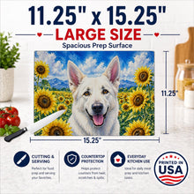 Load image into Gallery viewer, White German Shepherd in Sunflowers Cutting Board Tempered Glass Kitchen Cutting Surface, Heat Resistant Chopping Board with Non-Slip Feet, Decorative Food Prep &amp; Serving