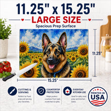Load image into Gallery viewer, German Shepherd in Sunflowers Cutting Board Tempered Glass Kitchen Cutting Surface, Heat Resistant Chopping Board with Non-Slip Feet, Decorative Food Prep &amp; Serving