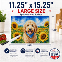 Load image into Gallery viewer, Goldendoodle in Sunflowers Cutting Board Tempered Glass Kitchen Cutting Surface, Heat Resistant Chopping Board with Non-Slip Feet, Decorative Food Prep &amp; Serving