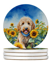 Load image into Gallery viewer, Goldendoodle in Sunflowers Large Sandstone Coasters Pack of 4