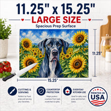 Load image into Gallery viewer, Great Dane in Sunflowers Cutting Board Tempered Glass Kitchen Cutting Surface, Heat Resistant Chopping Board with Non-Slip Feet, Decorative Food Prep &amp; Serving
