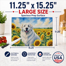 Load image into Gallery viewer, Great Pyrenees in Sunflowers Cutting Board Tempered Glass Kitchen Cutting Surface, Heat Resistant Chopping Board with Non-Slip Feet, Decorative Food Prep &amp; Serving