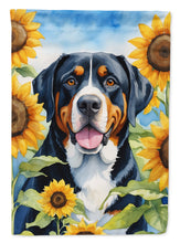 Load image into Gallery viewer, Greater Swiss Mountain Dog in Sunflowers Garden Flag – Bright Dog-Themed Yard Decor