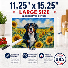 Load image into Gallery viewer, Greater Swiss Mountain Dog in Sunflowers Cutting Board Tempered Glass Kitchen Cutting Surface, Heat Resistant Chopping Board with Non-Slip Feet, Decorative Food Prep &amp; Serving
