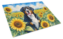 Load image into Gallery viewer, Greater Swiss Mountain Dog in Sunflowers Cutting Board Tempered Glass Kitchen Cutting Surface, Heat Resistant Chopping Board with Non-Slip Feet, Decorative Food Prep &amp; Serving