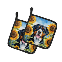 Load image into Gallery viewer, Greater Swiss Mountain Dog in Sunflowers Pot Holders - Set of 2 Decorative Kitchen Helpers | Made in the USA
