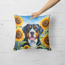 Load image into Gallery viewer, Greater Swiss Mountain Dog in Sunflowers Throw Pillow