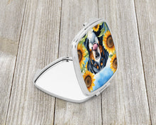 Load image into Gallery viewer, Greater Swiss Mountain Dog in Sunflowers Compact Mirror – Stylish Purse Mirror with Artistic Covers