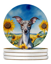 Load image into Gallery viewer, Italian Greyhound in Sunflowers Large Sandstone Coasters Pack of 4
