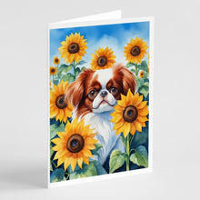 Load image into Gallery viewer, Japanese Chin in Sunflowers Greeting Cards - Blank Note Cards – 8-Pack of Artist-Designed Cards with Envelopes