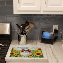 Load image into Gallery viewer, Japanese Chin in Sunflowers Cutting Board Tempered Glass Kitchen Cutting Surface, Heat Resistant Chopping Board with Non-Slip Feet, Decorative Food Prep &amp; Serving
