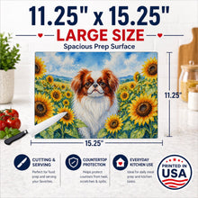 Load image into Gallery viewer, Japanese Chin in Sunflowers Cutting Board Tempered Glass Kitchen Cutting Surface, Heat Resistant Chopping Board with Non-Slip Feet, Decorative Food Prep &amp; Serving