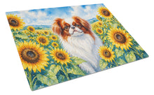 Load image into Gallery viewer, Japanese Chin in Sunflowers Cutting Board Tempered Glass Kitchen Cutting Surface, Heat Resistant Chopping Board with Non-Slip Feet, Decorative Food Prep &amp; Serving