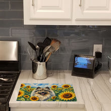 Load image into Gallery viewer, Keeshond in Sunflowers Cutting Board Tempered Glass Kitchen Cutting Surface, Heat Resistant Chopping Board with Non-Slip Feet, Decorative Food Prep &amp; Serving
