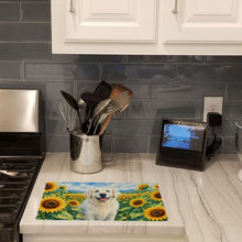 Load image into Gallery viewer, Kuvasz in Sunflowers Cutting Board Tempered Glass Kitchen Cutting Surface, Heat Resistant Chopping Board with Non-Slip Feet, Decorative Food Prep &amp; Serving